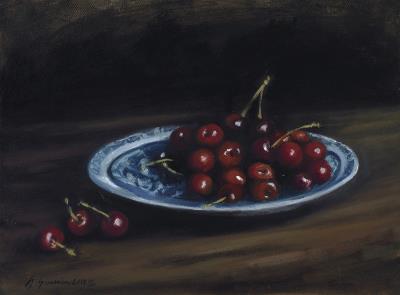 Bing Cherries on a Blue Plate