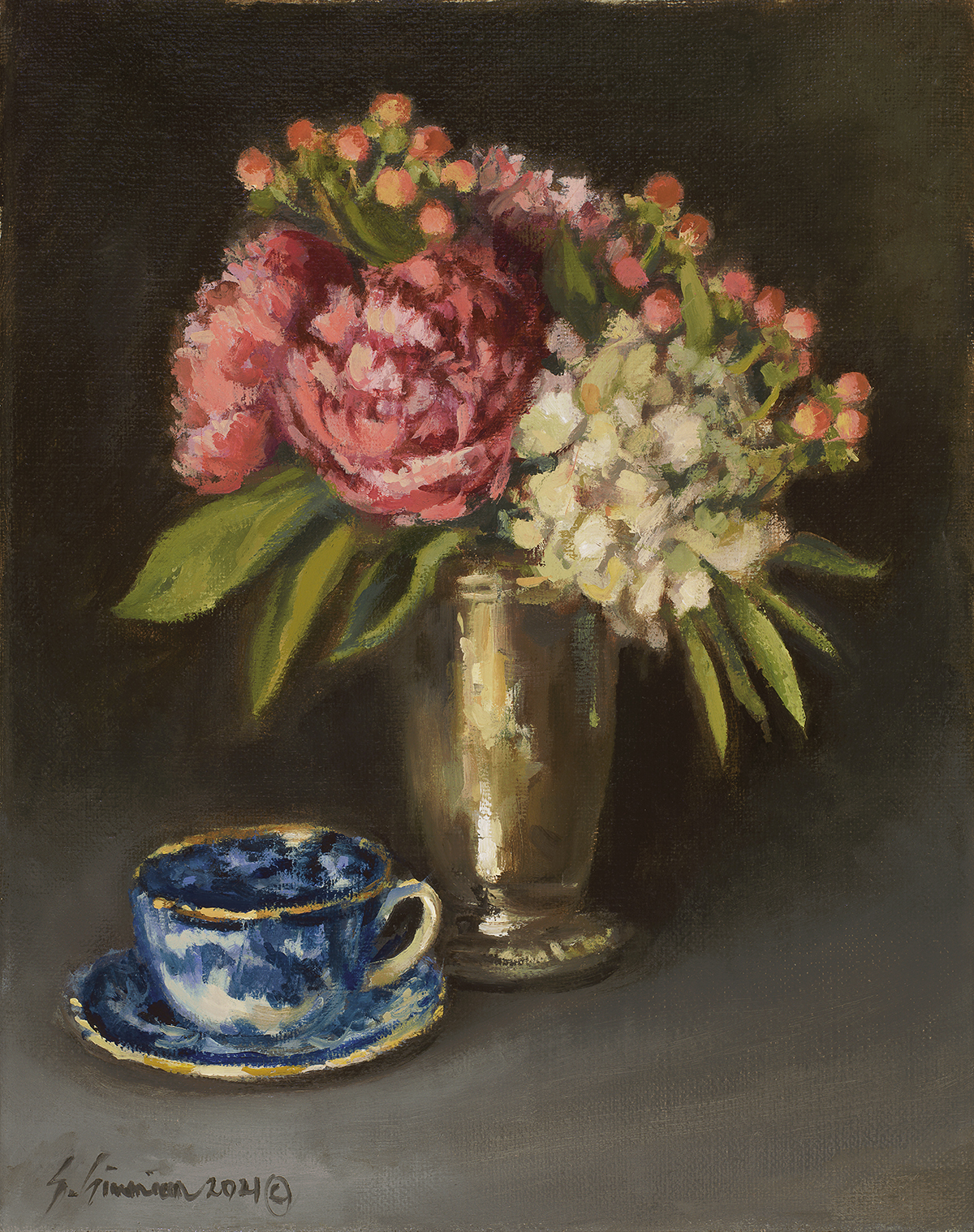Peonies and Hydrangeas With Blue Tea Cup